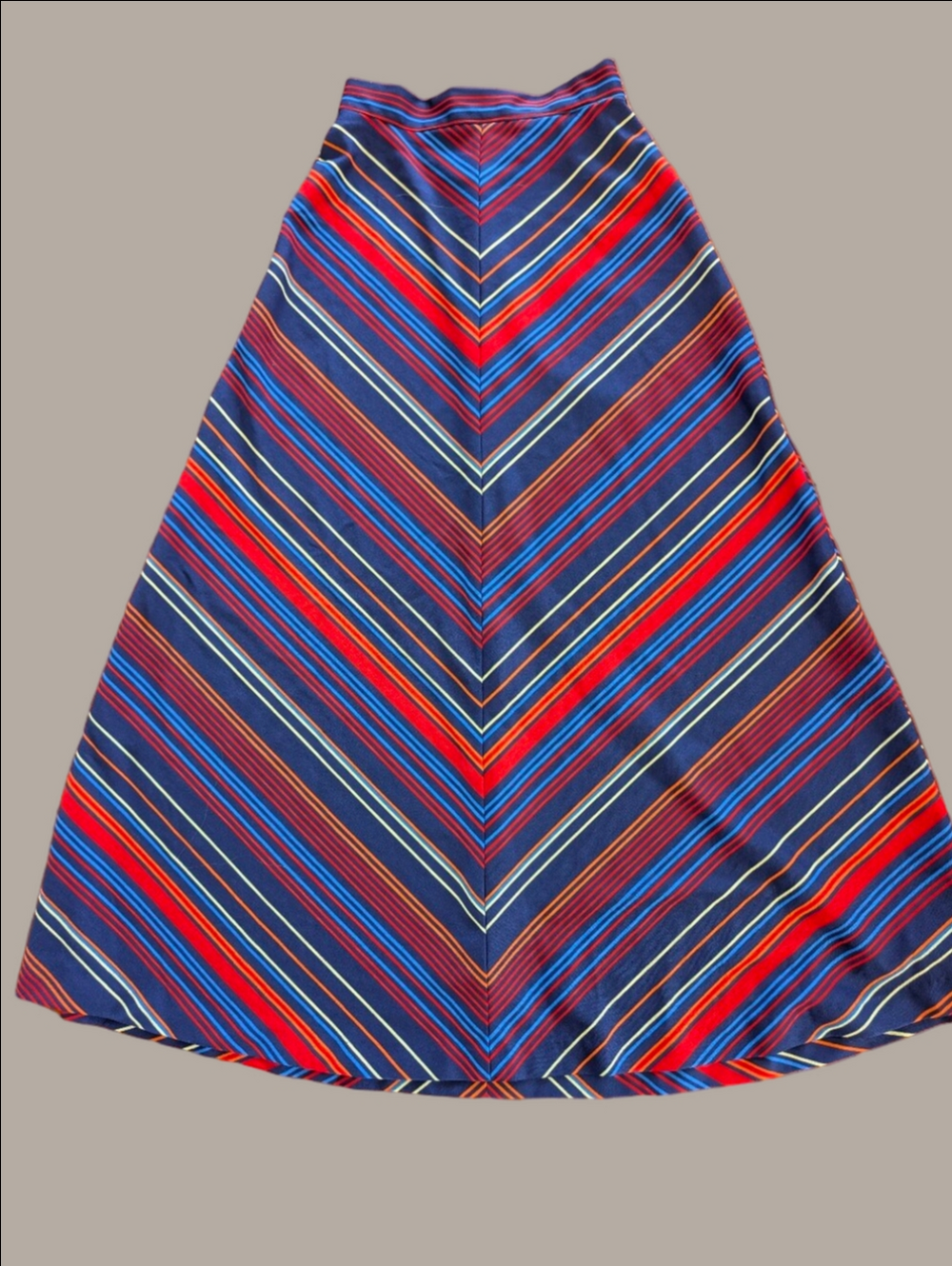 Vintage Maxi Skirt From 1972 Polyester Striped Navy and Red A-Line Maxi Skirt S